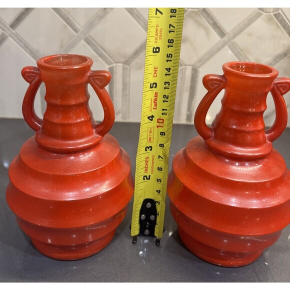 Pair Of Vintage Glass Jugs Urn Style Ribbed Globular Vases  Red 6” Tall - Picture 5 of 13